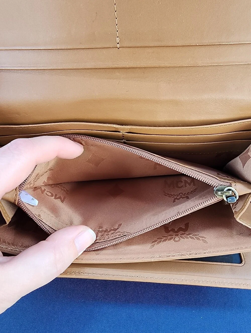 MCM Cognac Visetos Continental Wallet with Brown Center Stripe